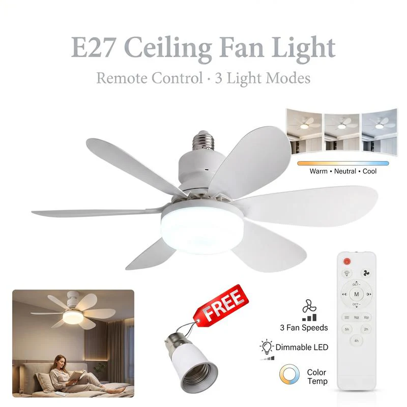 ⚡ 2-in-1 E27 Ceiling Fan Light with LED & Remote Control – No Drilling, Ideal for Flats, Bedrooms & Hot Rooms