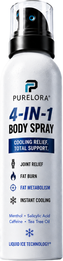 🔥 PURELORA® 4-in-1 Body Spray🔥 – Fat Burn · Slimming · Joint Relief · Instant Cooling Mist | Menthol + Salicylic Acid + Caffeine + Tea Tree | FSA/HSA Eligible