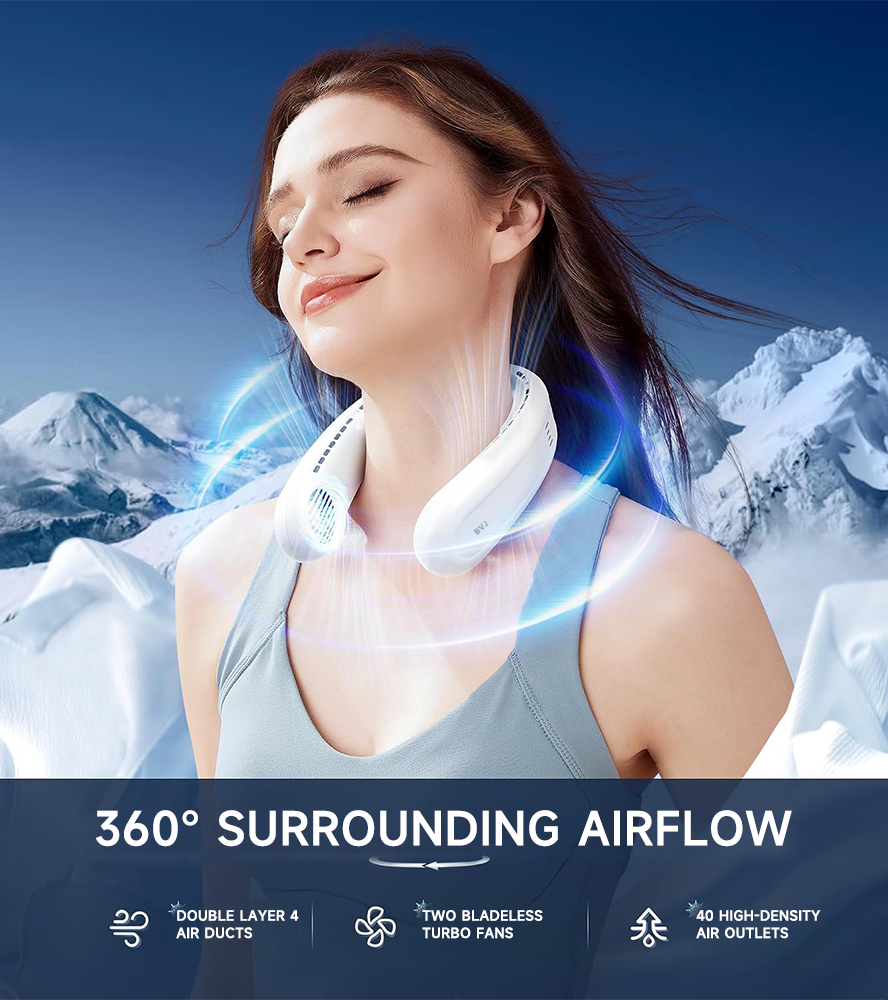 ❄️ BVJ Portable Neck Fan with Dual Cooling | 360° Airflow • Up to 8H Battery Life • 3 Speeds | Perfect for Summer, Travel & Outdoors