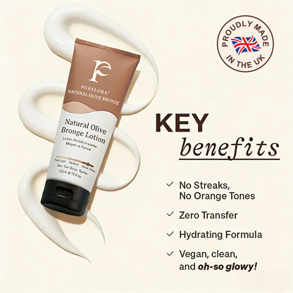 🇬🇧Purelora® Natural Olive Bronze Self Tanner Body Lotion – Gradual Sunless Glow, Even Application, No Orange Tint, Deep Hydration, Vegan & Cruelty-Free