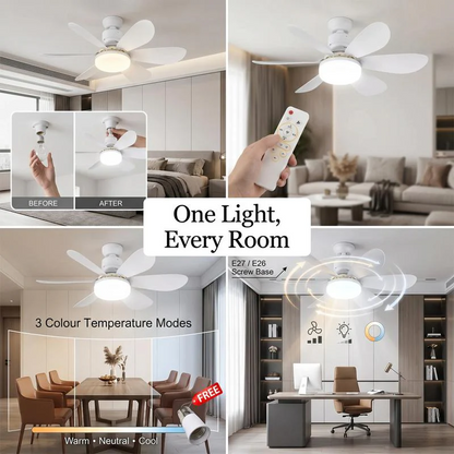 ⚡ 2-in-1 E27 Ceiling Fan Light with LED & Remote Control – No Drilling, Ideal for Flats, Bedrooms & Hot Rooms