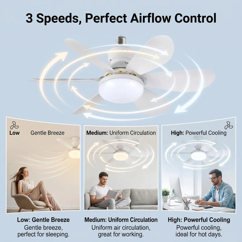 ⚡ 2-in-1 E27 Ceiling Fan Light with LED & Remote Control – No Drilling, Ideal for Flats, Bedrooms & Hot Rooms