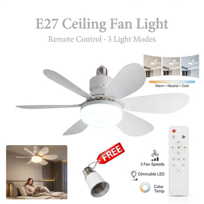 ⚡ 2-in-1 E27 Ceiling Fan Light with LED & Remote Control – No Drilling, Ideal for Flats, Bedrooms & Hot Rooms