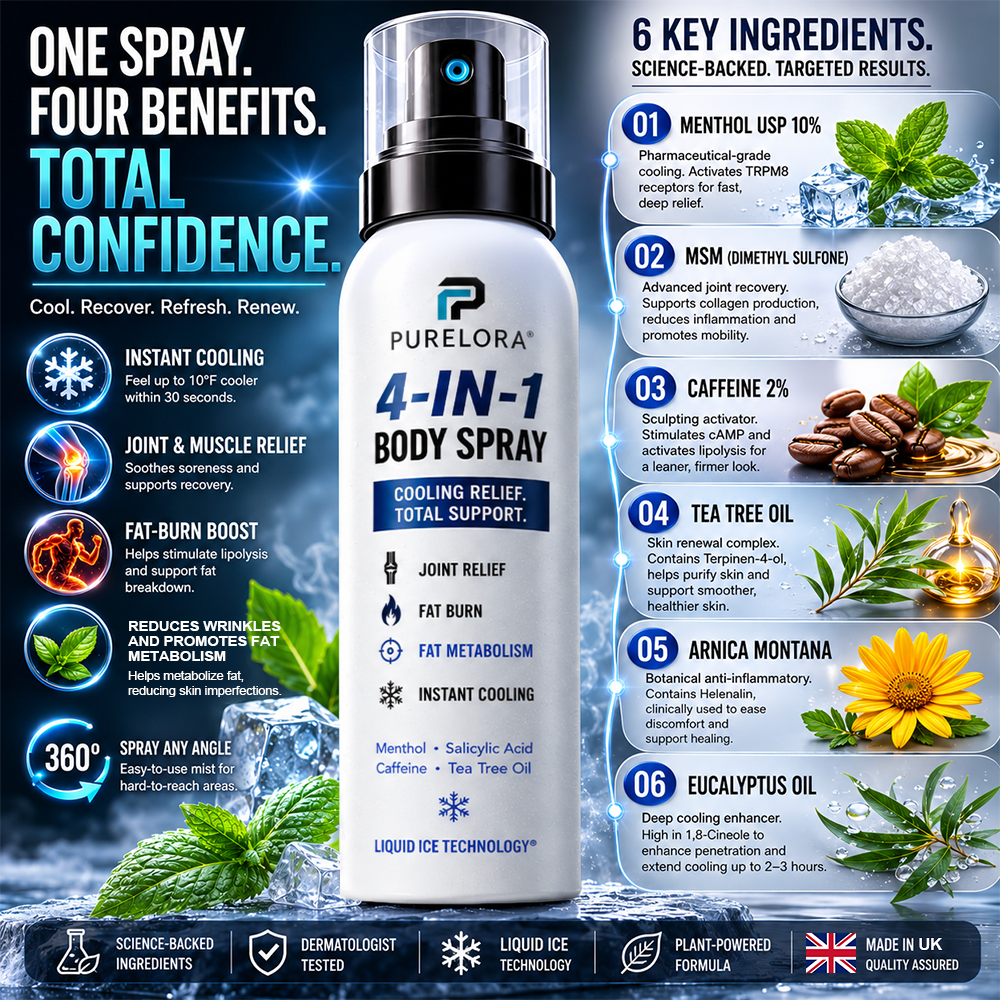 🔥 PURELORA® 4-in-1 Body Spray – Fat Burn · Slimming · Joint Relief · Instant Cooling Mist | Menthol + Salicylic Acid + Caffeine + Tea Tree | FSA/HSA Eligible