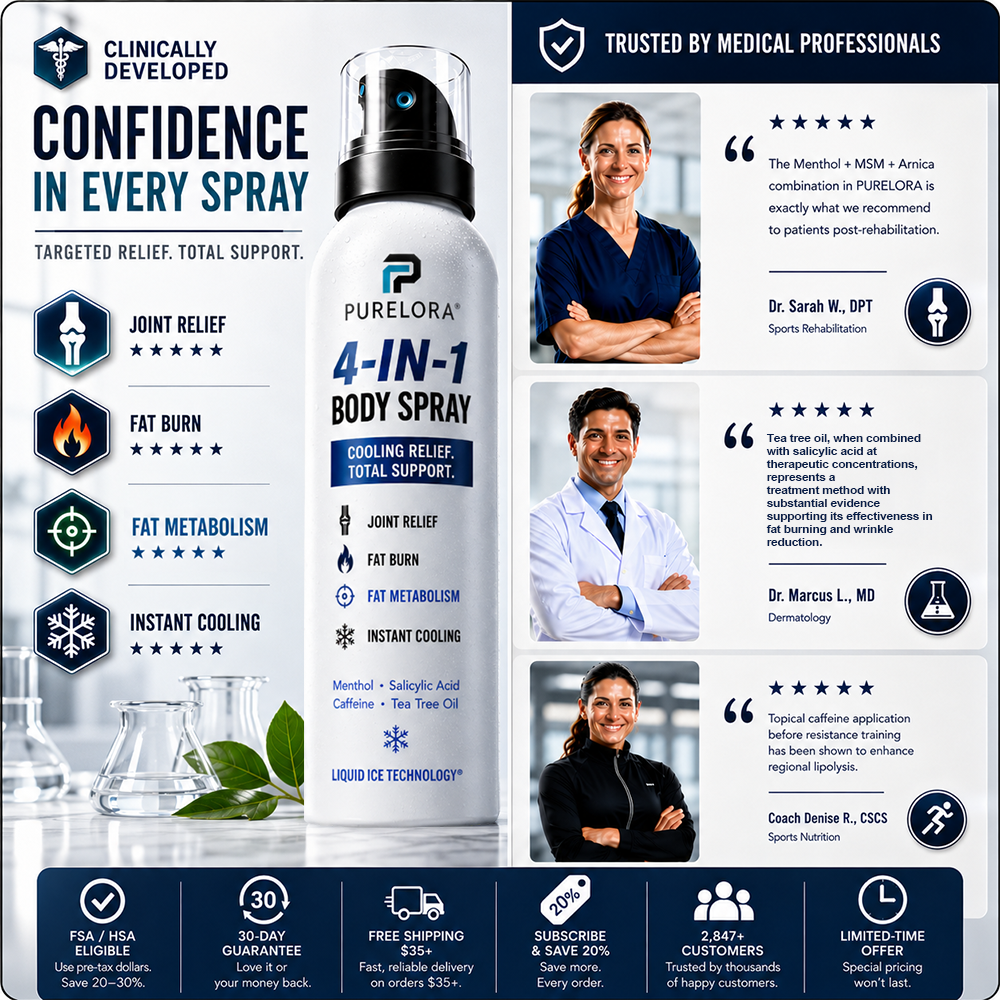 🔥 PURELORA® 4-in-1 Body Spray – Fat Burn · Slimming · Joint Relief · Instant Cooling Mist | Menthol + Salicylic Acid + Caffeine + Tea Tree | FSA/HSA Eligible