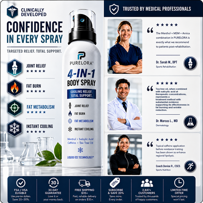 🔥 PURELORA® 4-in-1 Body Spray – Fat Burn · Slimming · Joint Relief · Instant Cooling Mist | Menthol + Salicylic Acid + Caffeine + Tea Tree | FSA/HSA Eligible