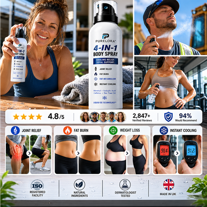 🔥 PURELORA® 4-in-1 Body Spray – Fat Burn · Slimming · Joint Relief · Instant Cooling Mist | Menthol + Salicylic Acid + Caffeine + Tea Tree | FSA/HSA Eligible