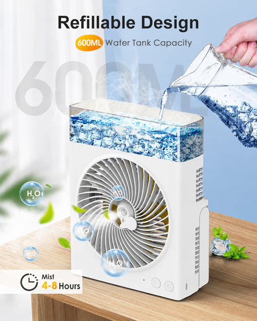 ❄️ BVJ Portable Misting Fan with 600ml Water Tank | Up to 30H Battery Life • USB Rechargeable • Quiet & Compact | Perfect for Home, Office, Camping & Travel