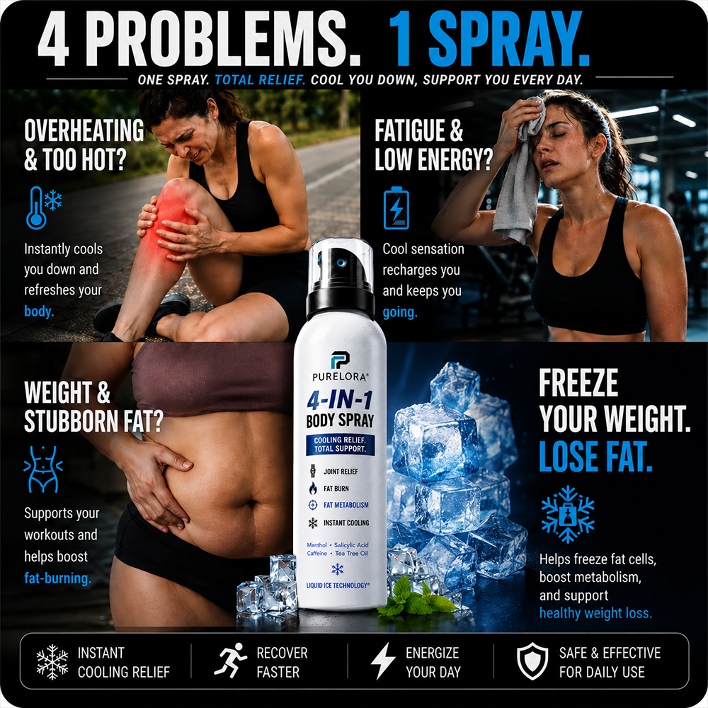 🔥 PURELORA® 4-in-1 Body Spray – Fat Burn · Slimming · Joint Relief · Instant Cooling Mist | Menthol + Salicylic Acid + Caffeine + Tea Tree | FSA/HSA Eligible