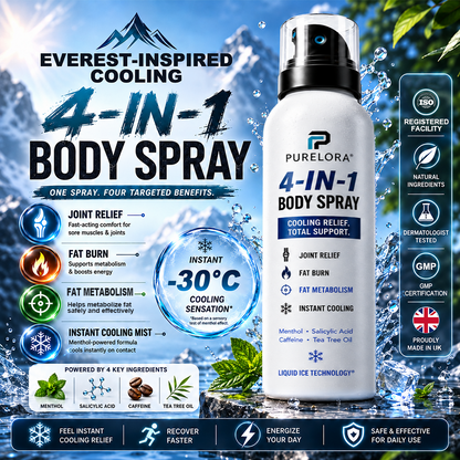 🔥 PURELORA® 4-in-1 Body Spray – Fat Burn · Slimming · Joint Relief · Instant Cooling Mist | Menthol + Salicylic Acid + Caffeine + Tea Tree | FSA/HSA Eligible