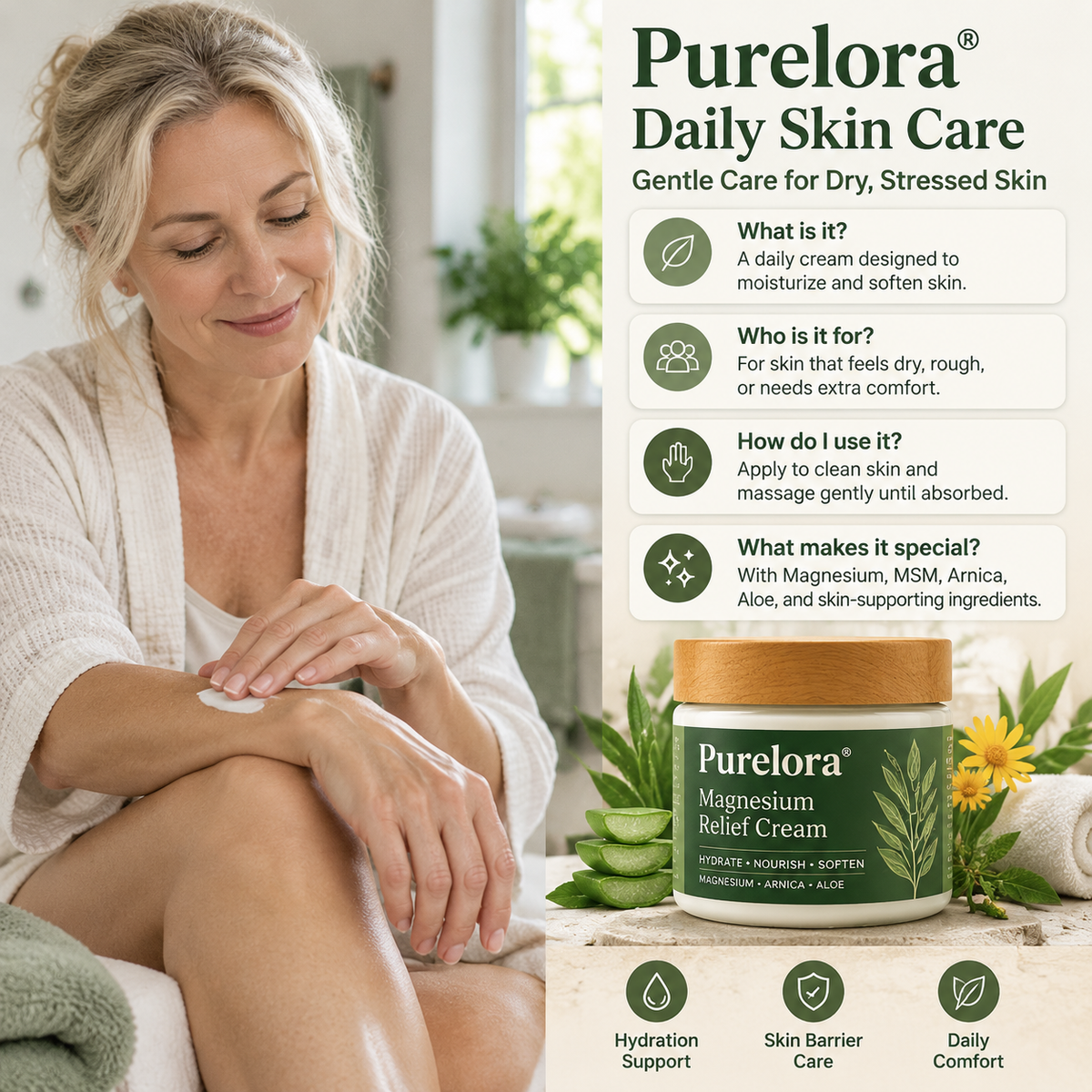 𝐏𝐔𝐑𝐄𝐋𝐎𝐑𝐀® Magnesium Relief Cream – Daily Moisturizing Skin Care Cream with Magnesium, MSM, Arnica & Vitamin B6 for Soft, Comfortable-Looking Skin