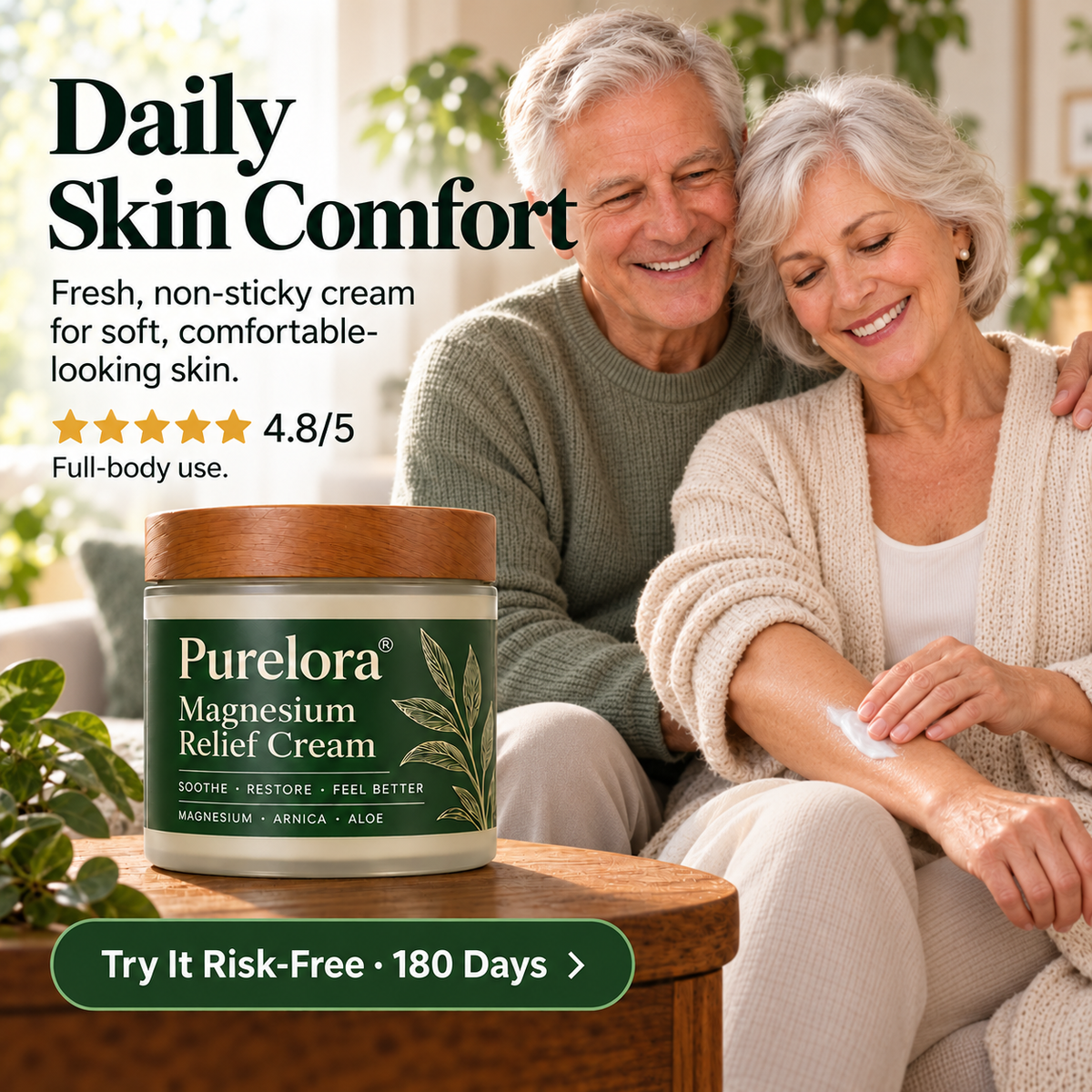 𝐏𝐔𝐑𝐄𝐋𝐎𝐑𝐀® Magnesium Relief Cream – Daily Moisturizing Skin Care Cream with Magnesium, MSM, Arnica & Vitamin B6 for Soft, Comfortable-Looking Skin