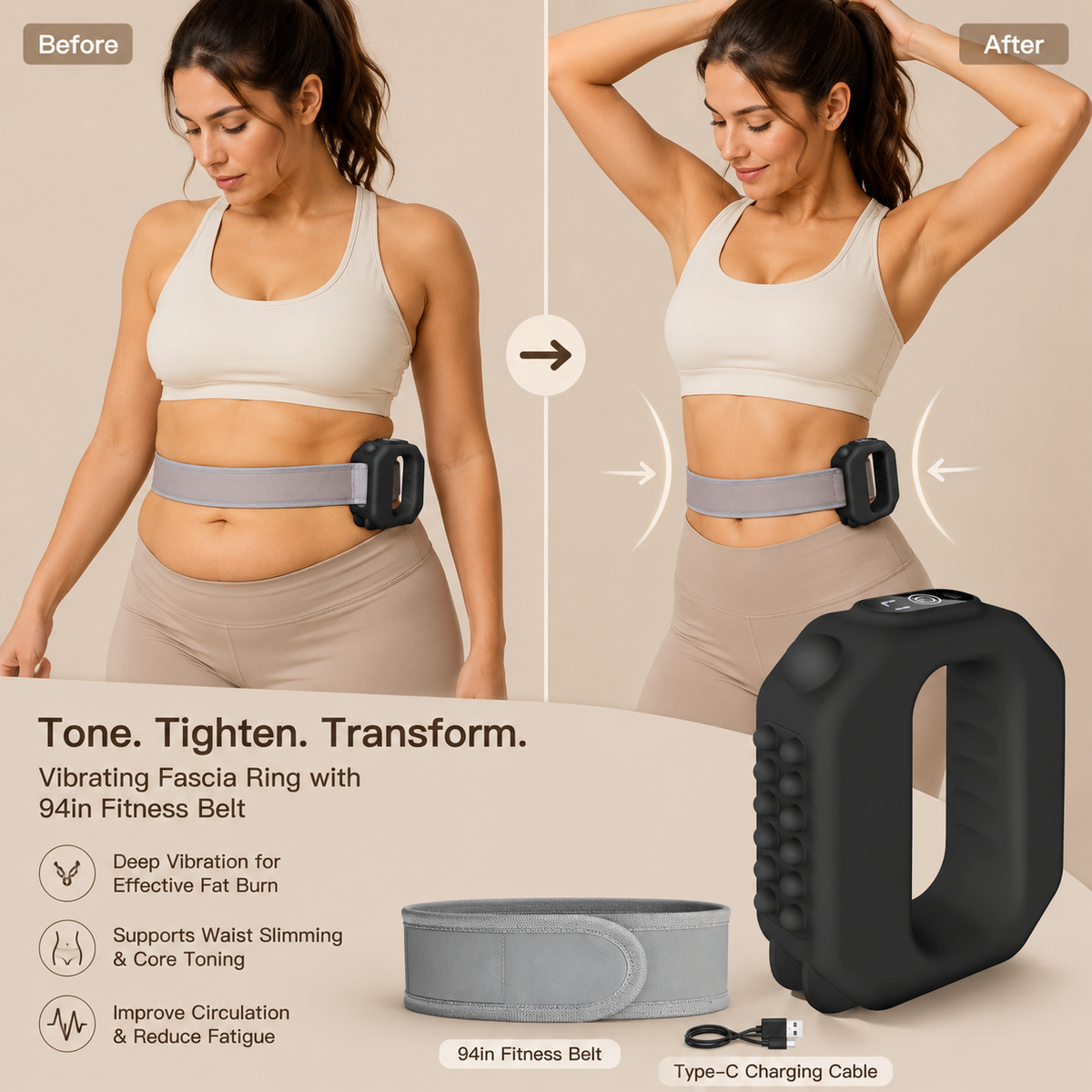 ✨ Fascia Ring R10 Mini – Vibration Slimming Massager for Waist, Tummy, Thighs & Arms