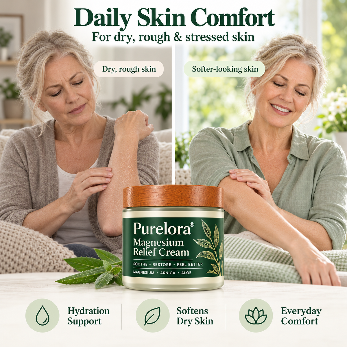 𝐏𝐔𝐑𝐄𝐋𝐎𝐑𝐀® Magnesium Relief Cream – Daily Moisturizing Skin Care Cream with Magnesium, MSM, Arnica & Vitamin B6 for Soft, Comfortable-Looking Skin