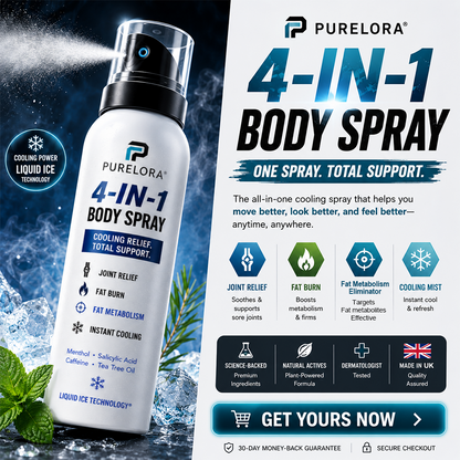🔥 PURELORA® 4-in-1 Body Spray – Fat Burn · Slimming · Joint Relief · Instant Cooling Mist | Menthol + Salicylic Acid + Caffeine + Tea Tree | FSA/HSA Eligible
