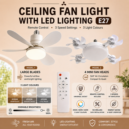⚡ 2-in-1 E27 Ceiling Fan Light with LED & Remote Control – No Drilling, Ideal for Flats, Bedrooms & Hot Rooms