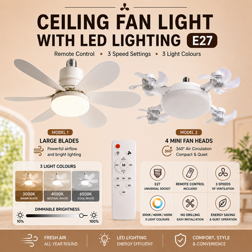 ⚡ 2-in-1 E27 Ceiling Fan Light with LED & Remote Control – No Drilling, Ideal for Flats, Bedrooms & Hot Rooms